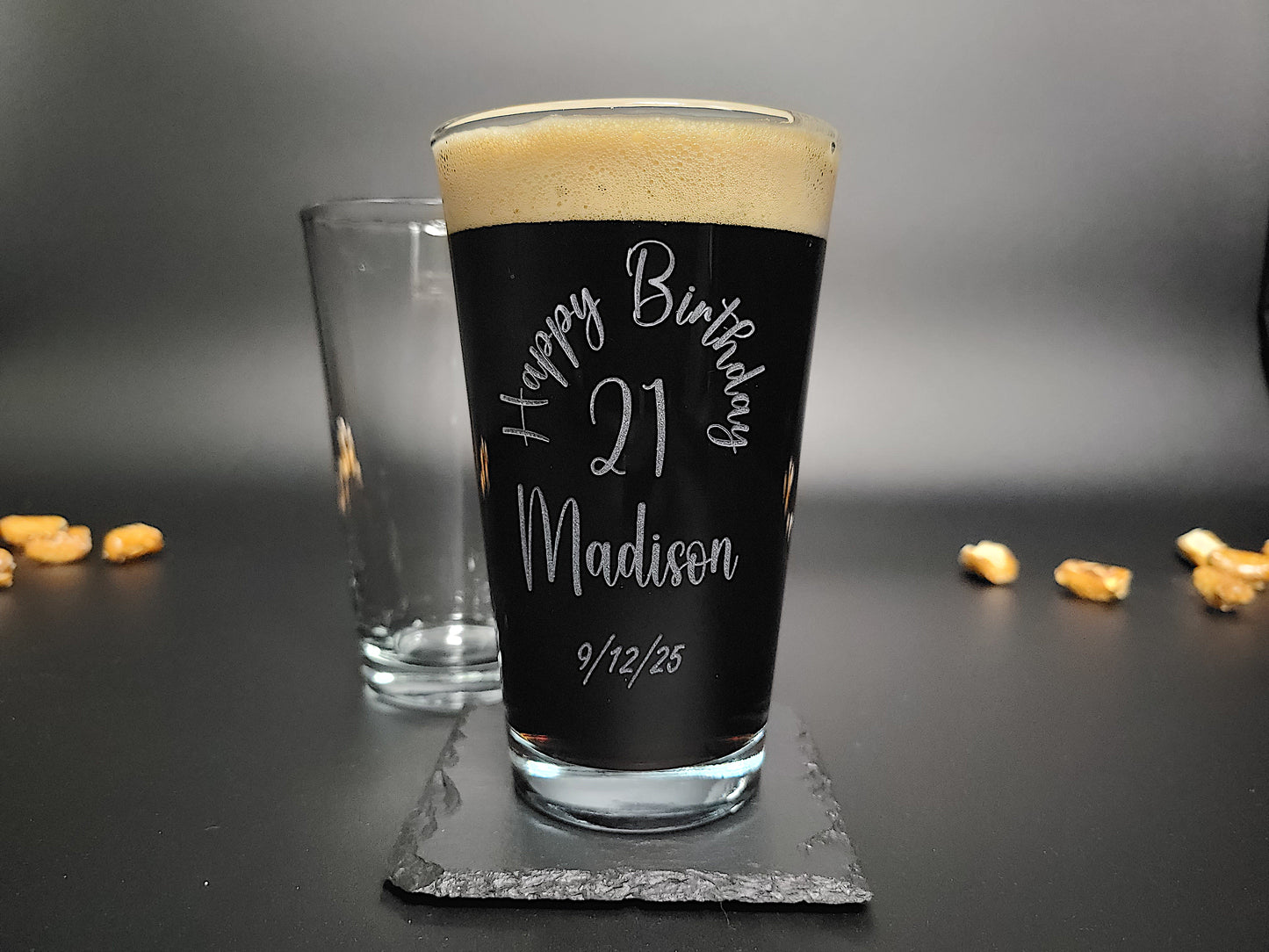 Happy Birthday Engraved Pint Glass โ Personalized 16oz Barware