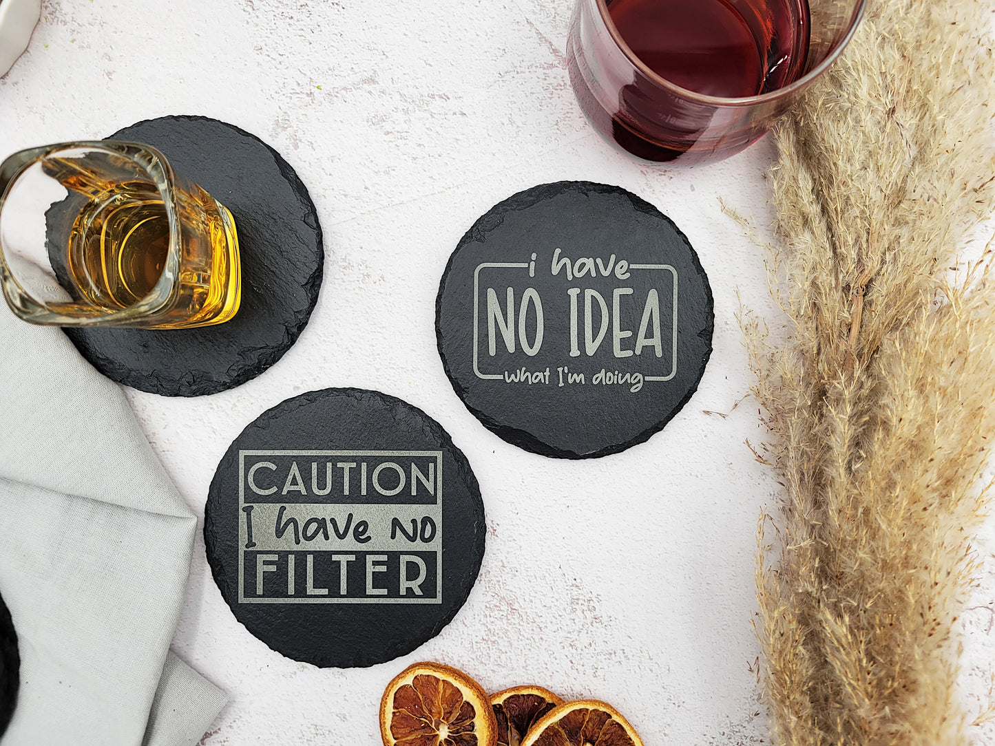 Funny Slate Coaster Set (4pc) β Engraved Barware with Attitude (Round or Square)