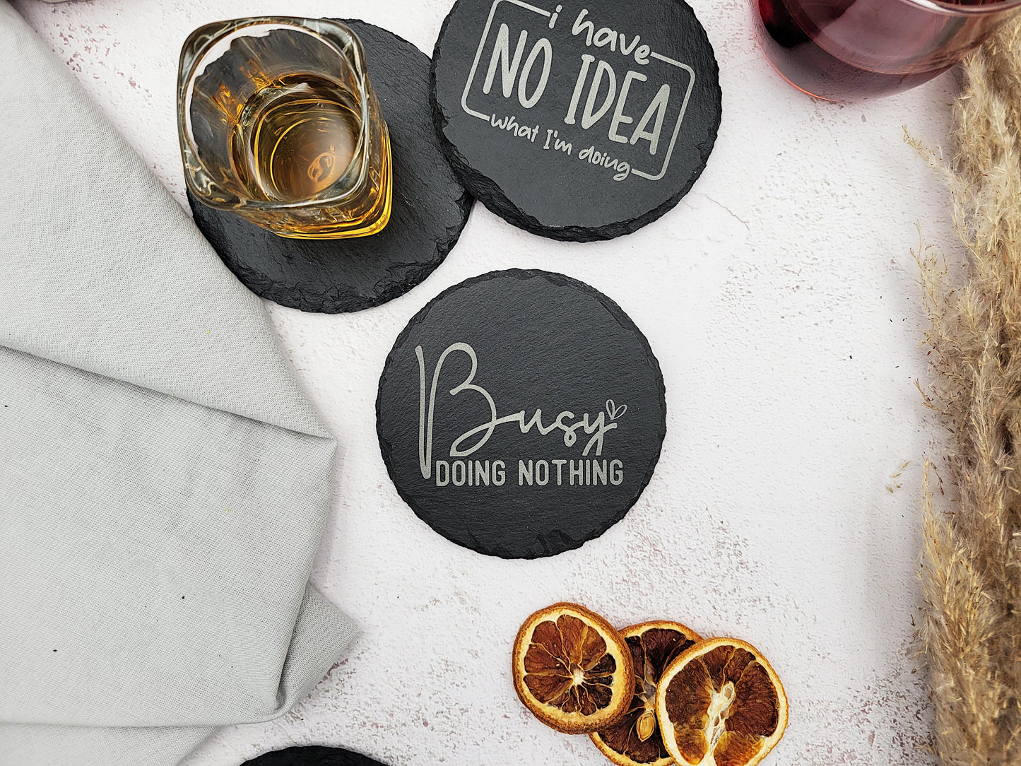 Funny Slate Coaster Set (4pc) β Engraved Barware with Attitude (Round or Square)