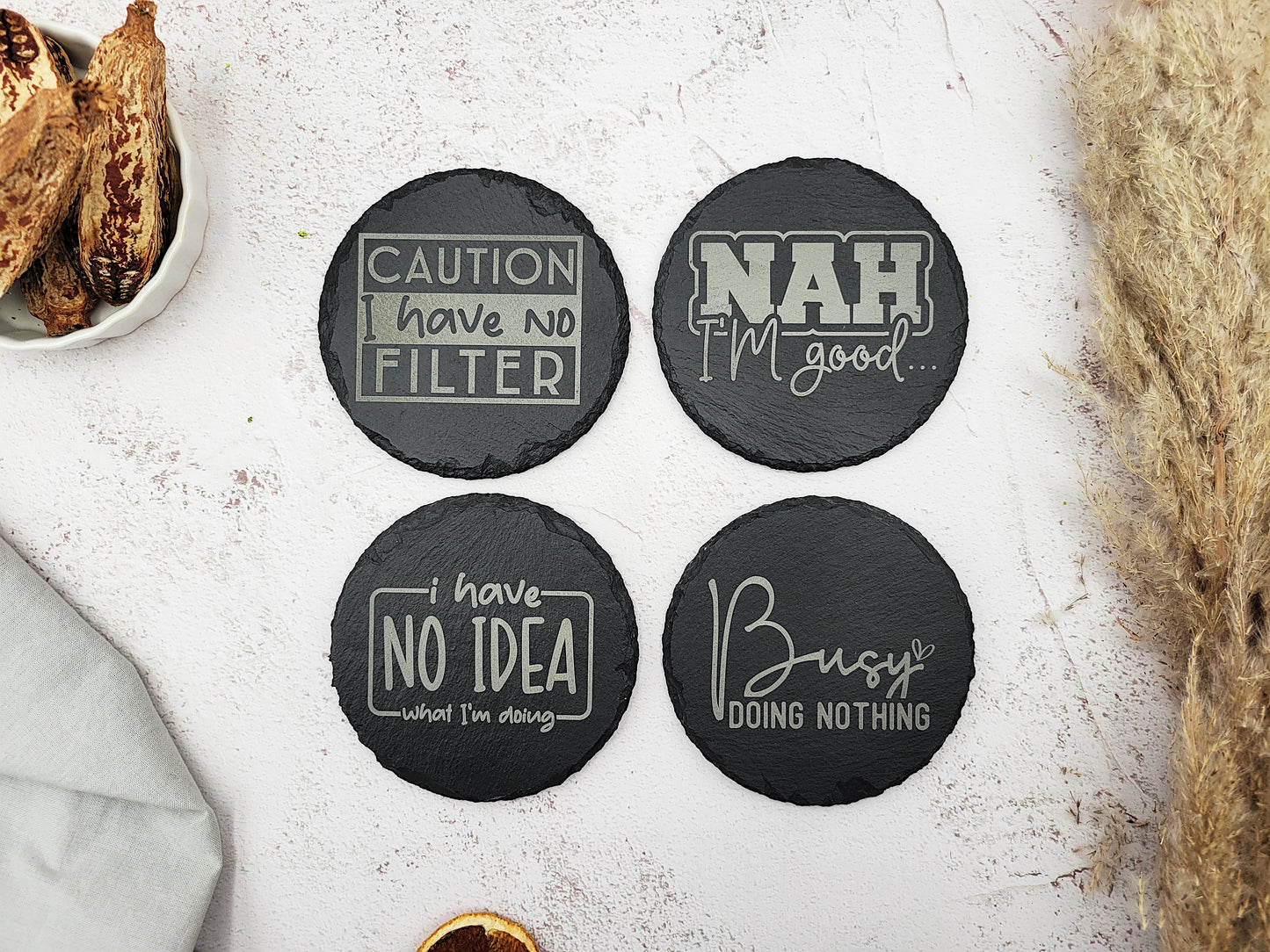 Funny Slate Coaster Set (4pc) β Engraved Barware with Attitude (Round or Square)