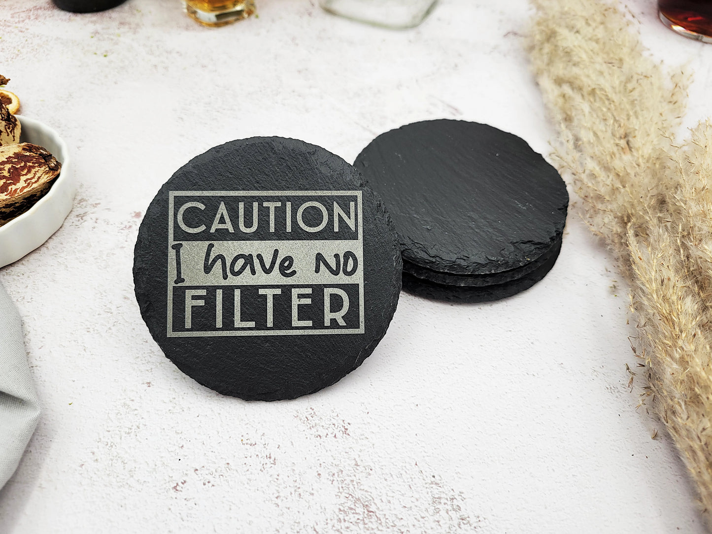 Funny Slate Coaster Set (4pc) β Engraved Barware with Attitude (Round or Square)