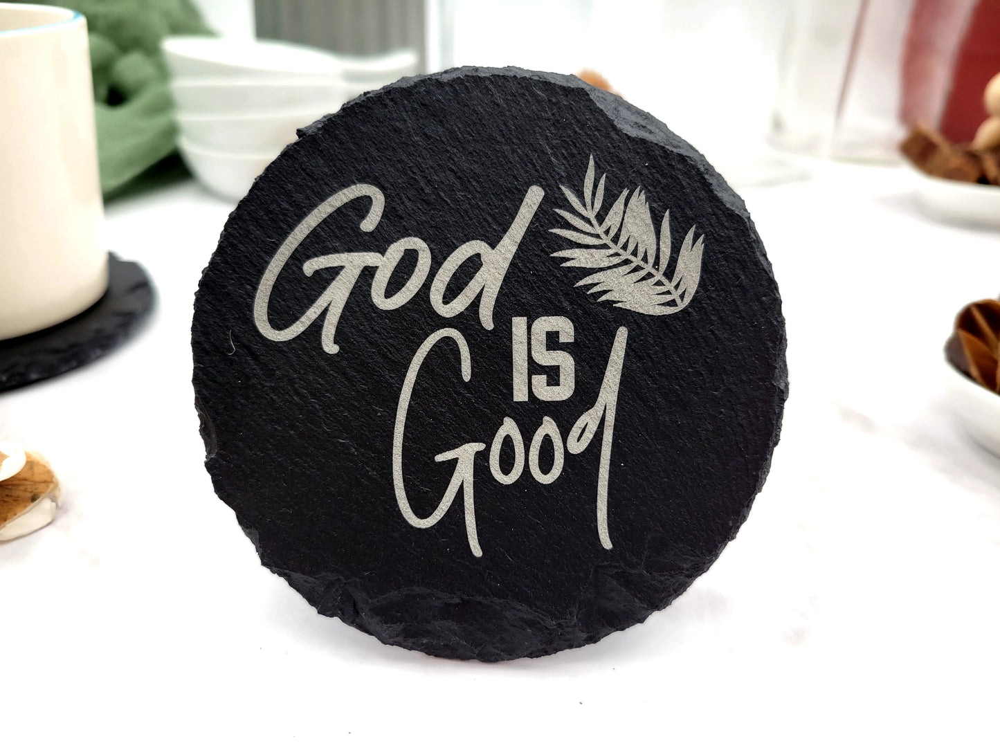 Faith-Inspired Slate Coaster Set (4pc) – Engraved Christian Decor (Round or Square)