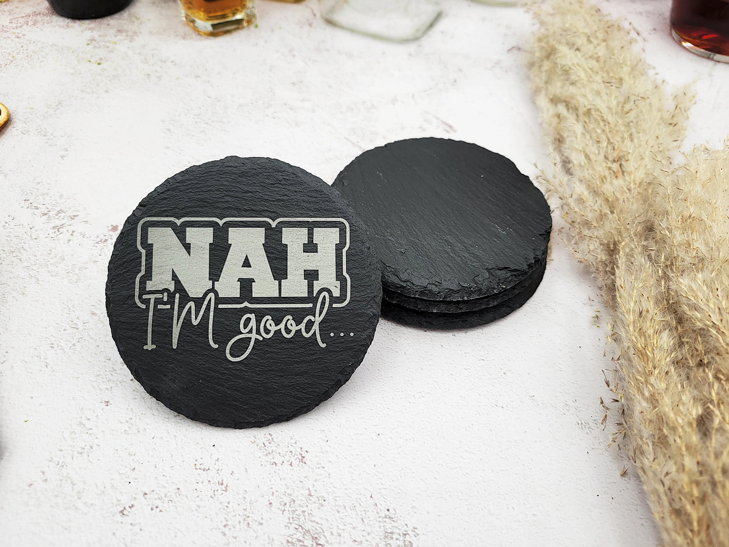 Funny Slate Coaster Set (4pc) β Engraved Barware with Attitude (Round or Square)