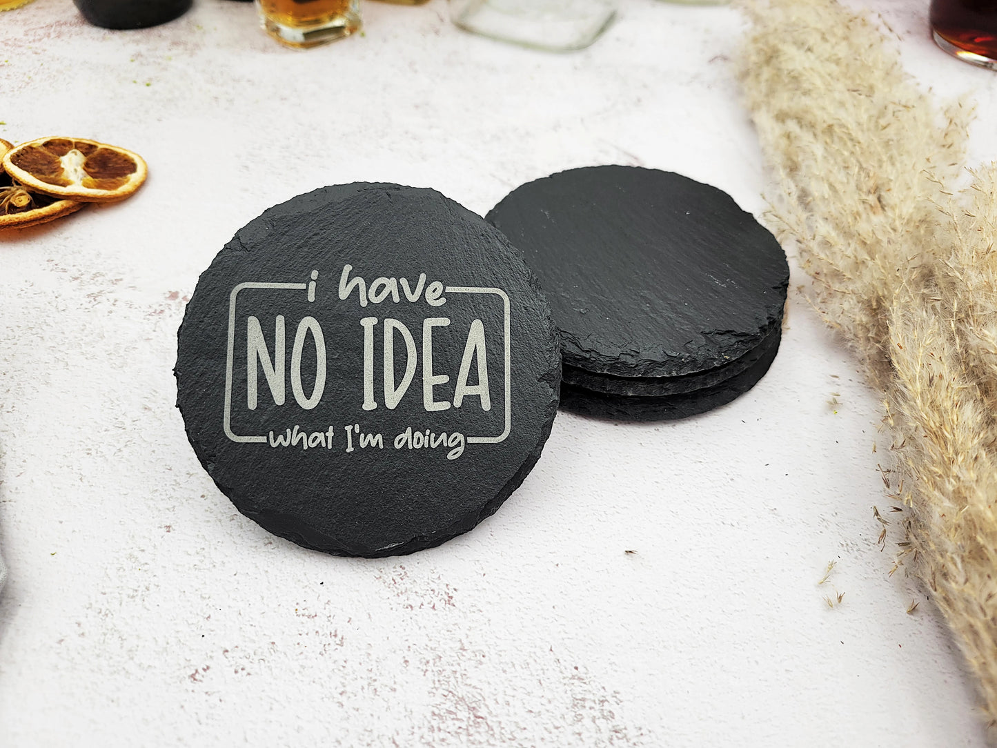 Funny Slate Coaster Set (4pc) β Engraved Barware with Attitude (Round or Square)