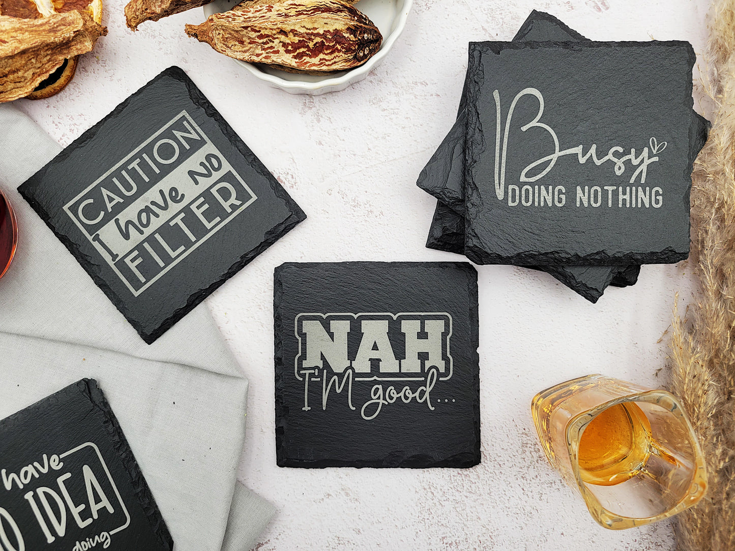 Funny Slate Coaster Set (4pc) β Engraved Barware with Attitude (Round or Square)