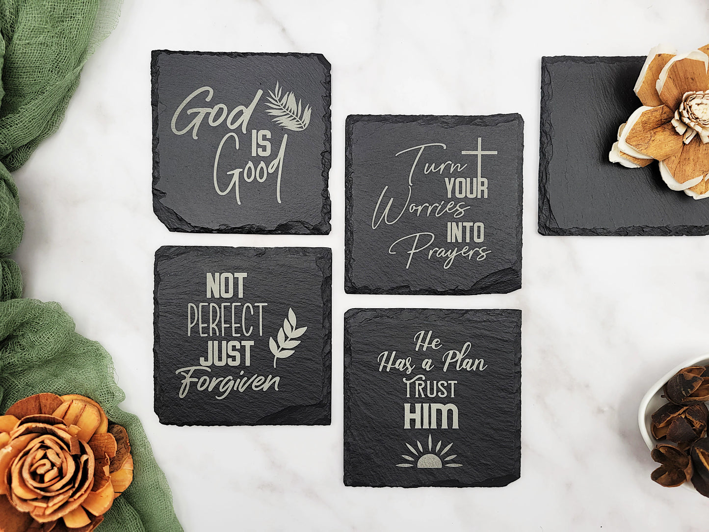 Faith-Inspired Slate Coaster Set (4pc) – Engraved Christian Decor (Round or Square)