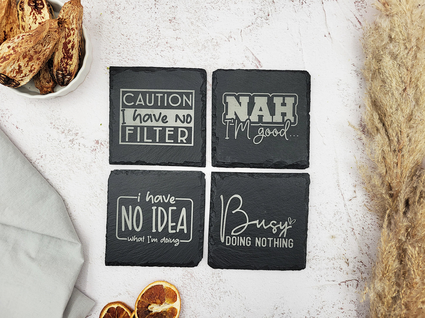 Funny Slate Coaster Set (4pc) β Engraved Barware with Attitude (Round or Square)
