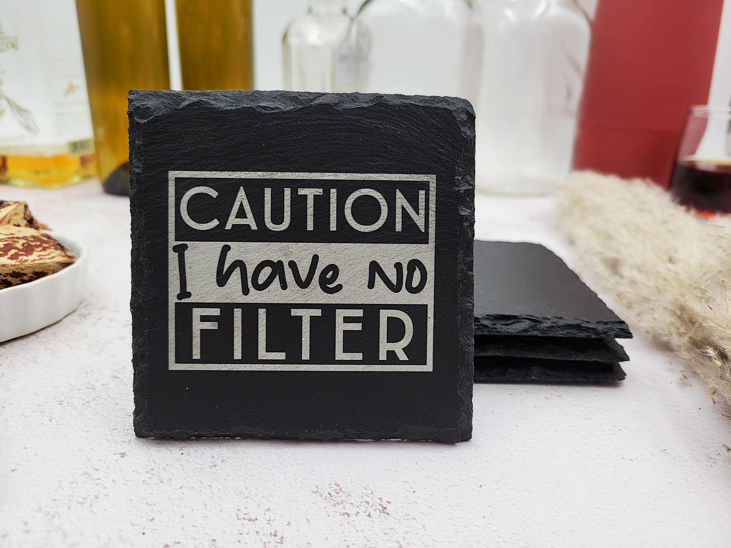 Funny Slate Coaster Set (4pc) β Engraved Barware with Attitude (Round or Square)