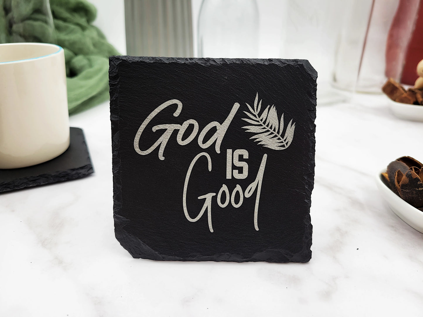 Faith-Inspired Slate Coaster Set (4pc) – Engraved Christian Decor (Round or Square)