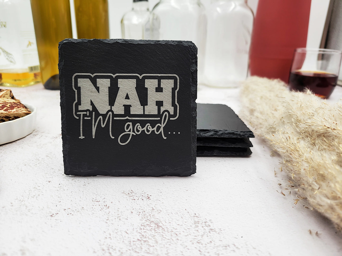 Funny Slate Coaster Set (4pc) β Engraved Barware with Attitude (Round or Square)