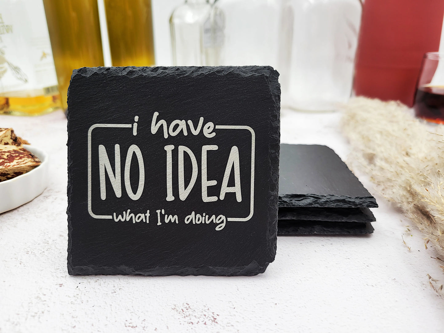 Funny Slate Coaster Set (4pc) β Engraved Barware with Attitude (Round or Square)