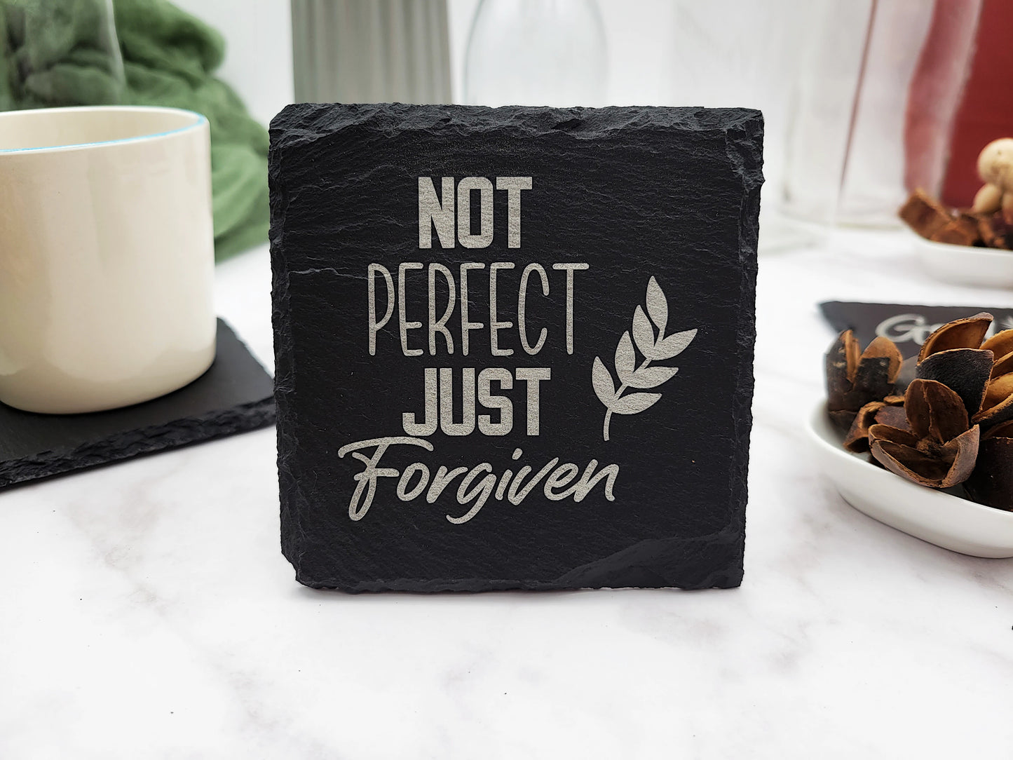 Faith-Inspired Slate Coaster Set (4pc) – Engraved Christian Decor (Round or Square)