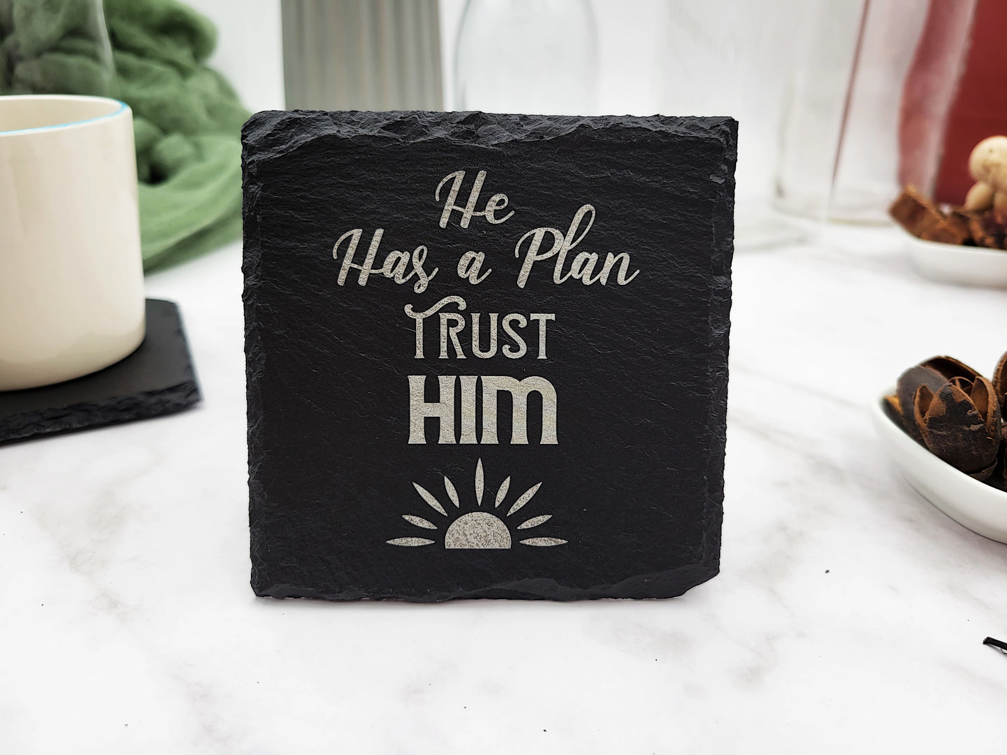 Faith-Inspired Slate Coaster Set (4pc) – Engraved Christian Decor (Round or Square)