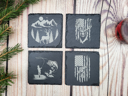 Hunting & Fishing Slate Coaster Set (4pc) – Engraved Outdoor Series (Round or Square)